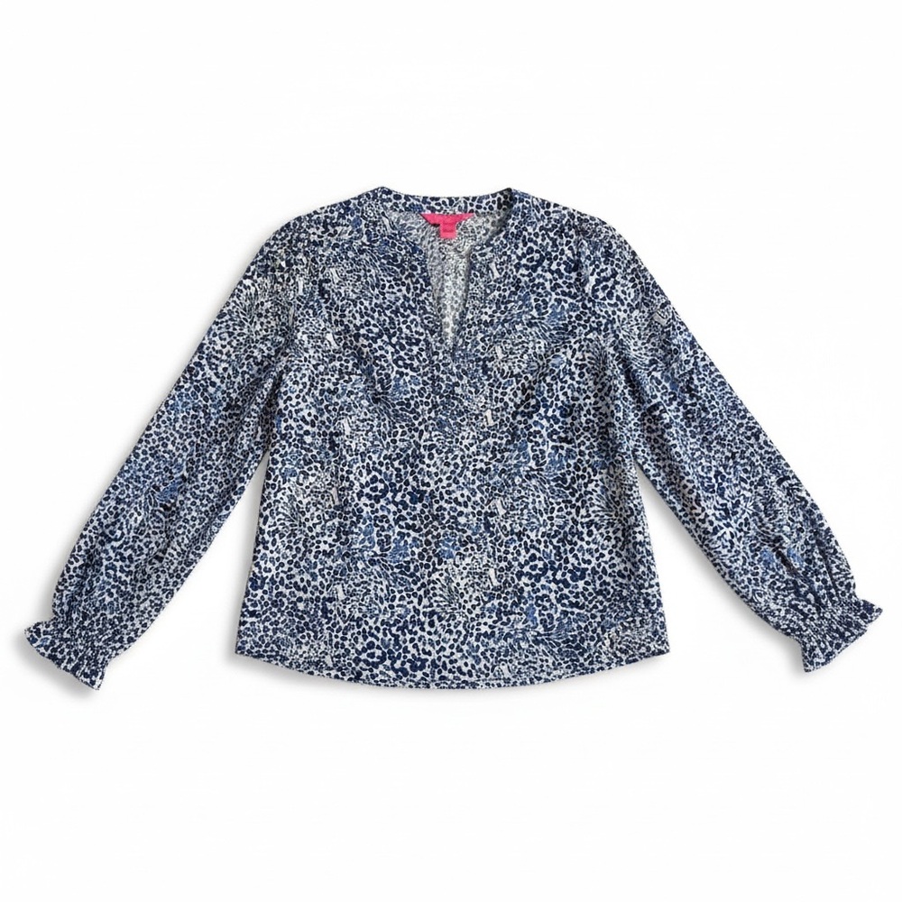 Lilly Pulitzer Blue Leopard Print Long Sleeve Blouse Resort Coastal Top Size S